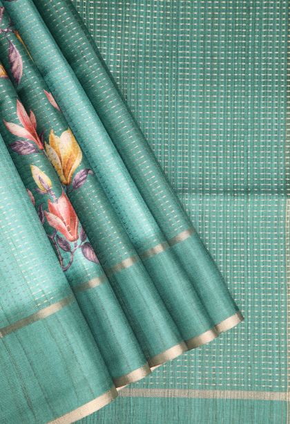 Teal Blue Semi Tussar Silk with Gold Zari Kodi Pattern