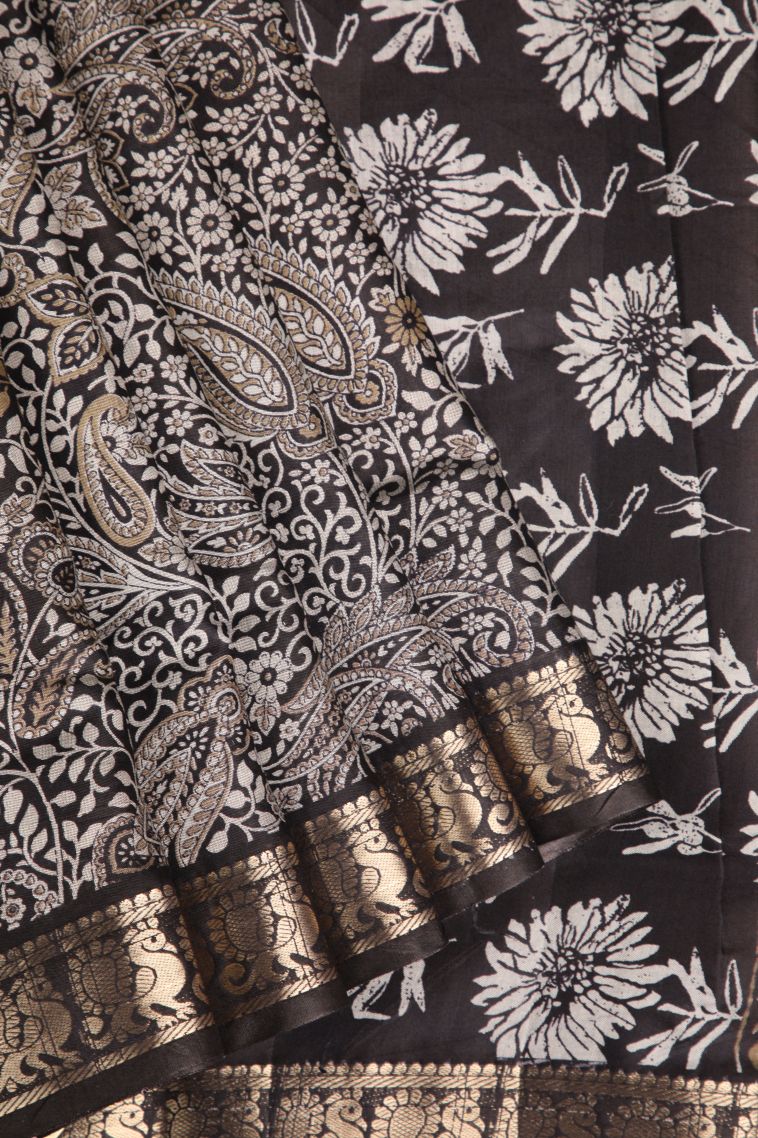 Charleston Black Maheswari Cotton Saree with Gold Zari Floral Patterns view 1