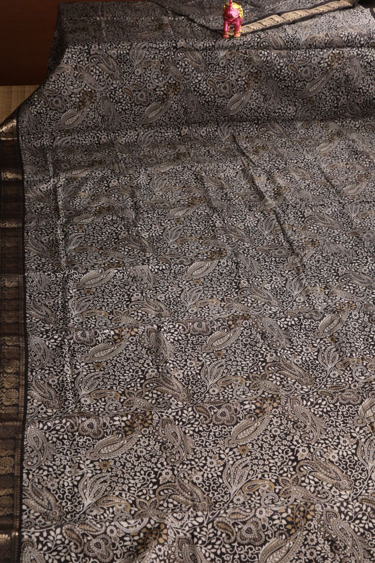 Charleston Black Maheswari Cotton Saree with Gold Zari Floral Patterns view 2