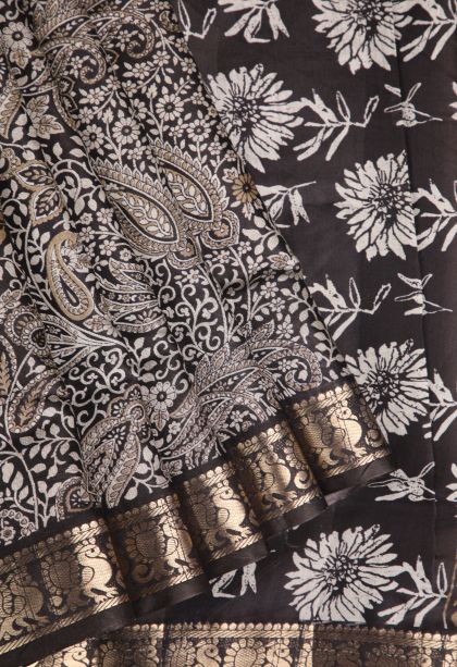 Charleston Black Maheswari Cotton Saree with Gold Zari Floral Patterns