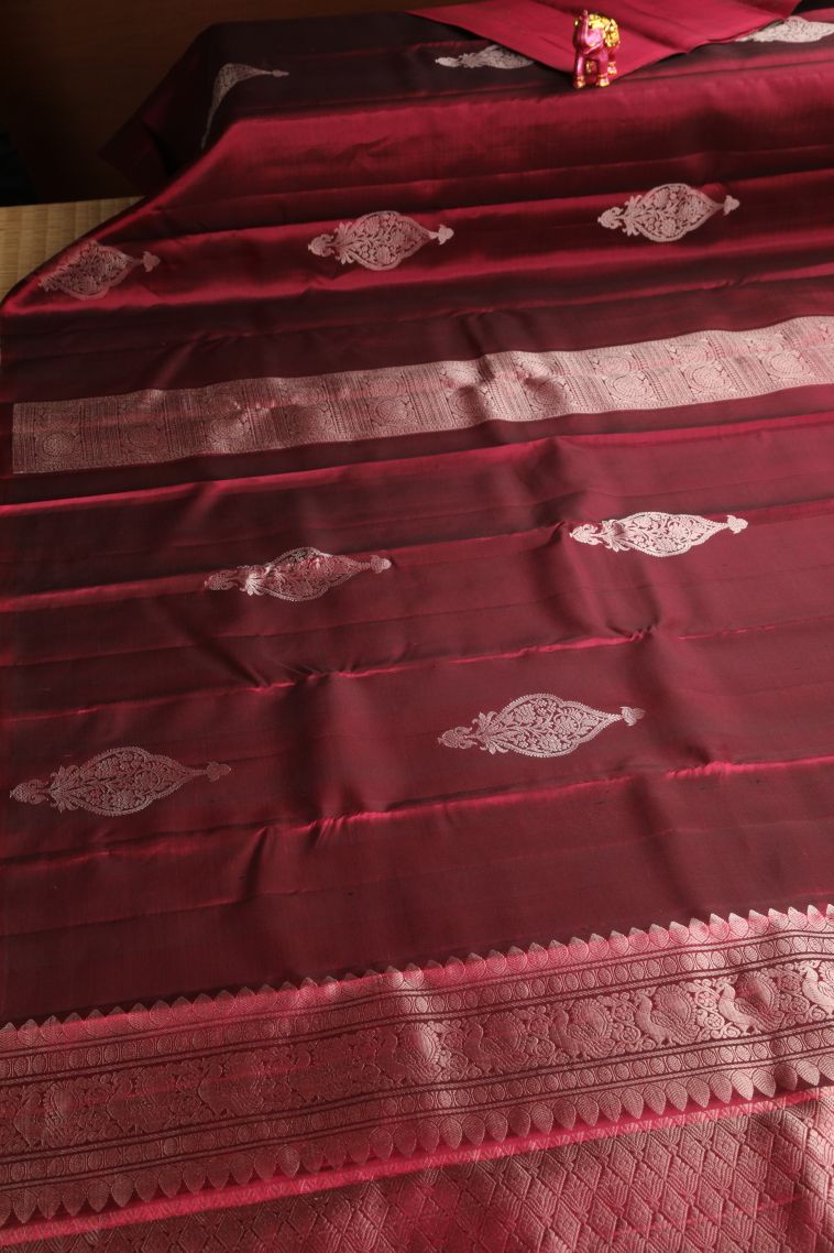 Scarlet Red Soft Silk Saree with Silver Zari Floral Patterns view 2