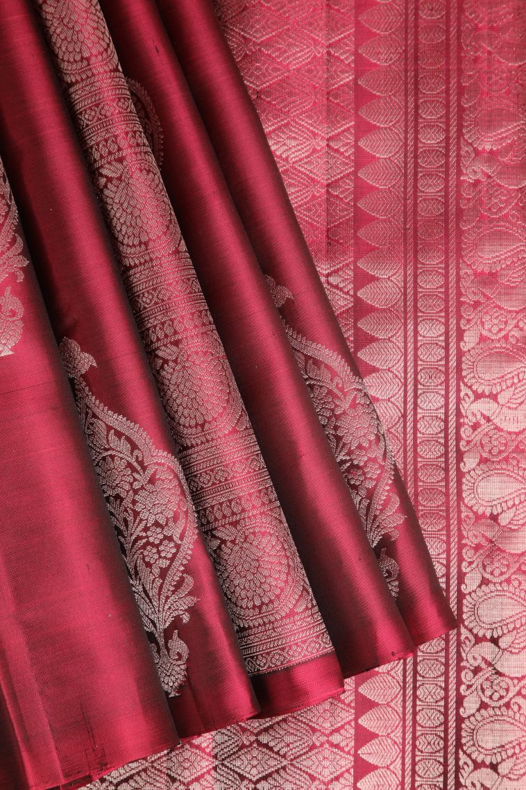 Scarlet Red Soft Silk Saree with Silver Zari Floral Patterns view 1