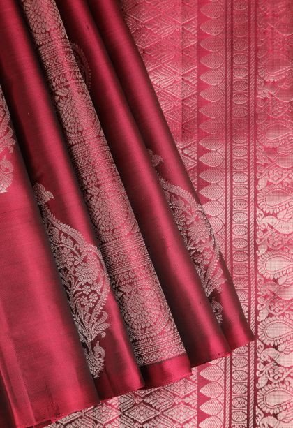 Scarlet Red Soft Silk Saree with Silver Zari Floral Patterns