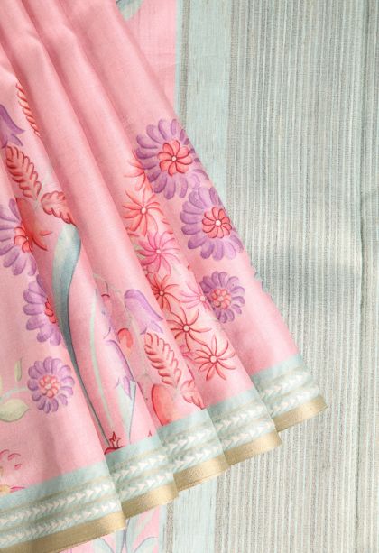 Lemonade Pink Semi Tussar Silk with Without Zari Zari Floral Patterns