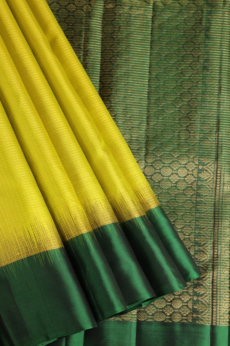 Chartreuse Green Soft Silk Saree with Gold Zari Vaira Oosi Jari Checked view 1