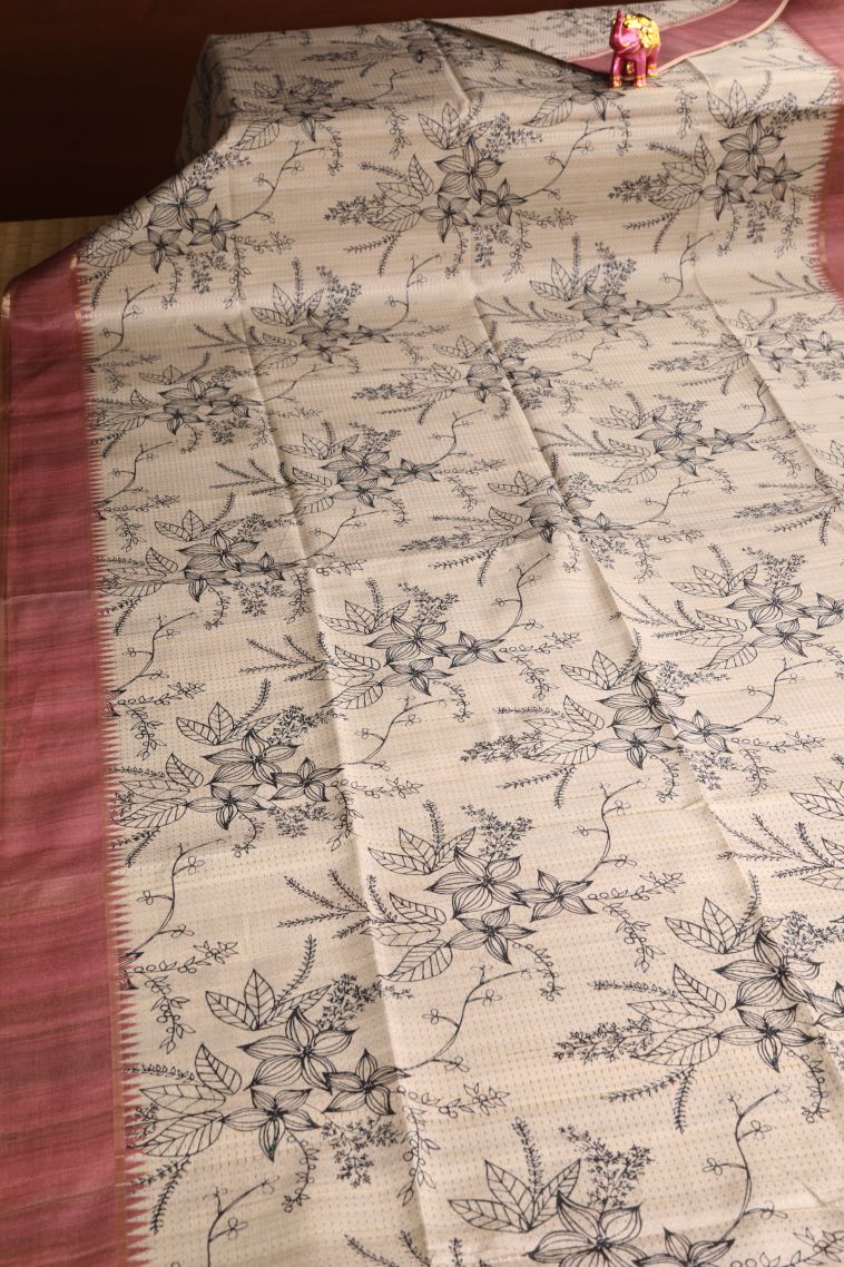 Linen White Semi Tussar Silk with Gold Zari Floral Patterns view 2