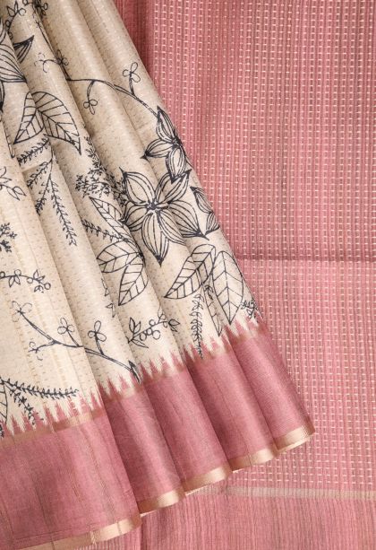 Linen White Semi Tussar Silk with Gold Zari Floral Patterns