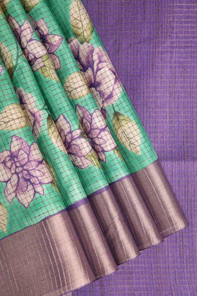 Seafoam Green Semi Tussar Silk with Gold Zari Floral Patterns