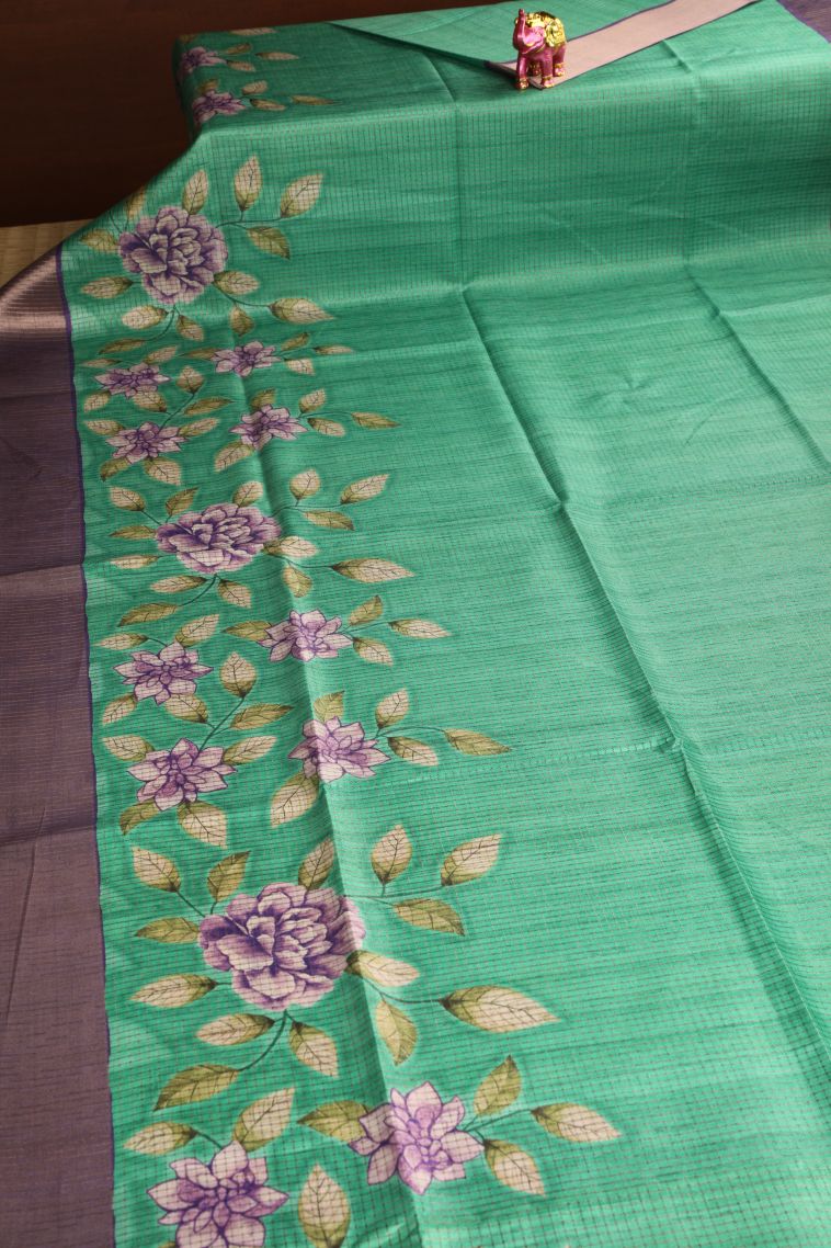 Seafoam Green Semi Tussar Silk with Gold Zari Floral Patterns view 2