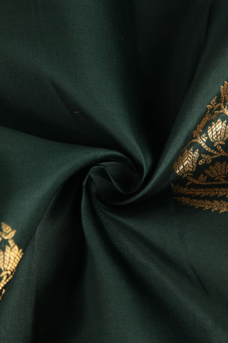 Bottle Green Kanchipuram Silk Sarees with Gold Zari Floral Patterns view 4