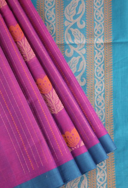 Fuscia Pink Pure Handloom Kovai Cotton with Without Zari Zari Floral Patterns