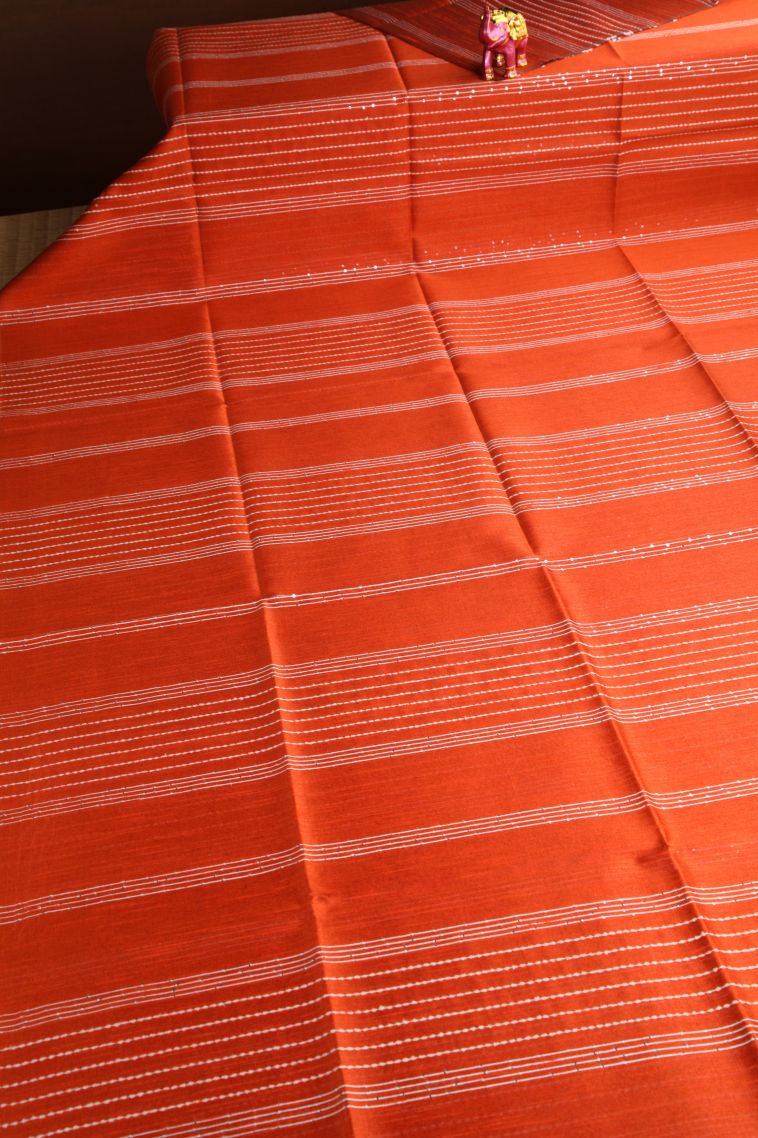 Fire Orange Jute Sarees with Thread Zari Thred Weaving view 2