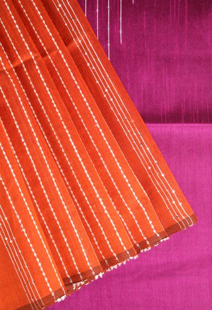 Fire Orange Jute Sarees with Thread Zari Thred Weaving