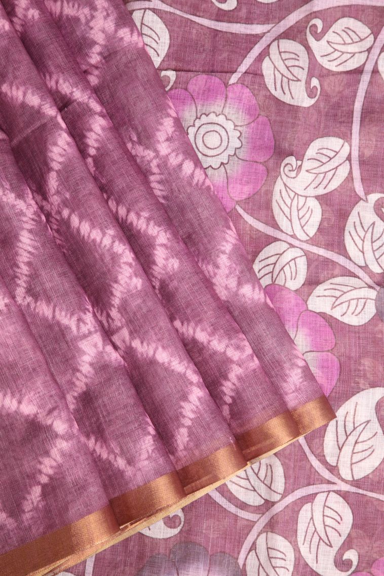 Rosewood Pink Linen Saree with Without Zari Zari Pathik Motifs view 1