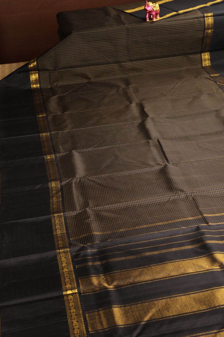 Asphalt Black Kanchipuram Silk Sarees with Gold Zari Checks view 2