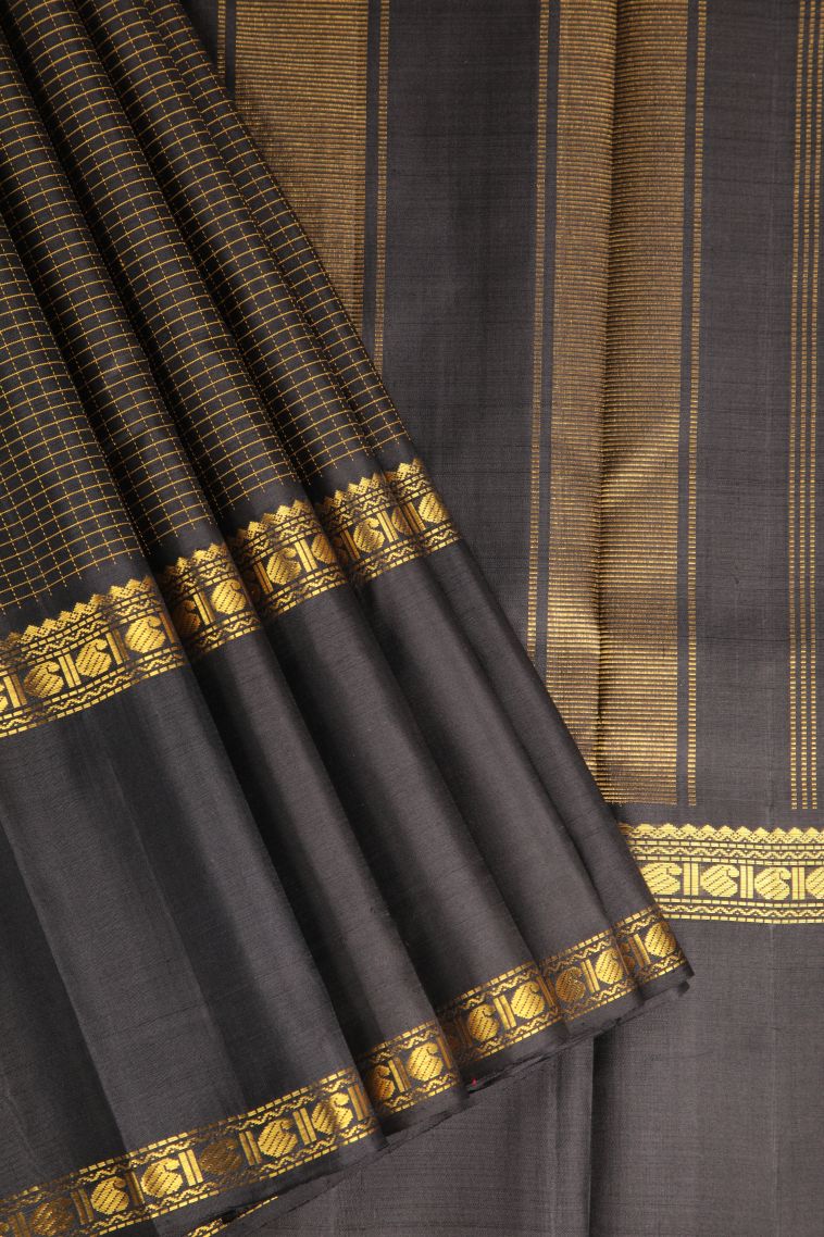 Asphalt Black Kanchipuram Silk Sarees with Gold Zari Checks view 1
