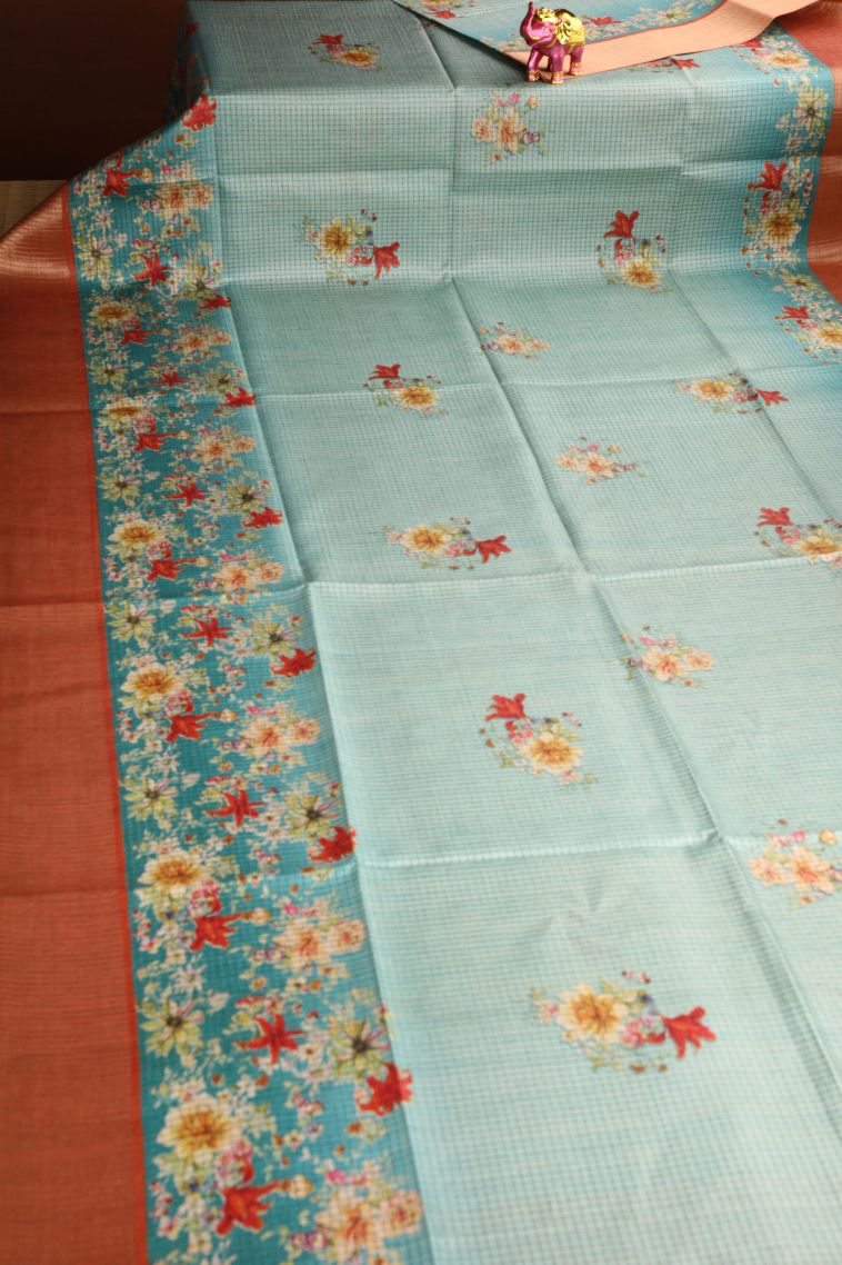 Pistachio Green Semi Tussar Silk with Gold Zari Floral Patterns view 2