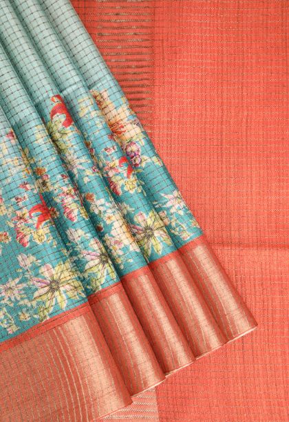 Pistachio Green Semi Tussar Silk with Gold Zari Floral Patterns