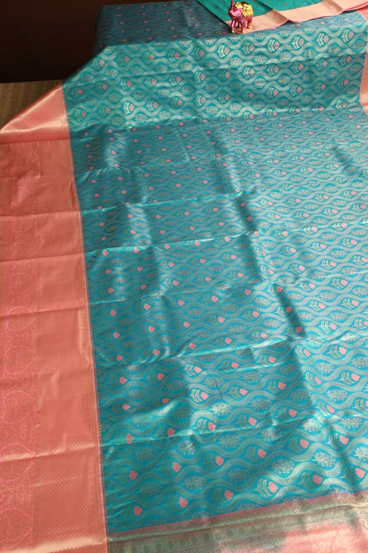 Teal Blue Apoorva Silk Sarees with Gold Zari Floral Patterns view 2