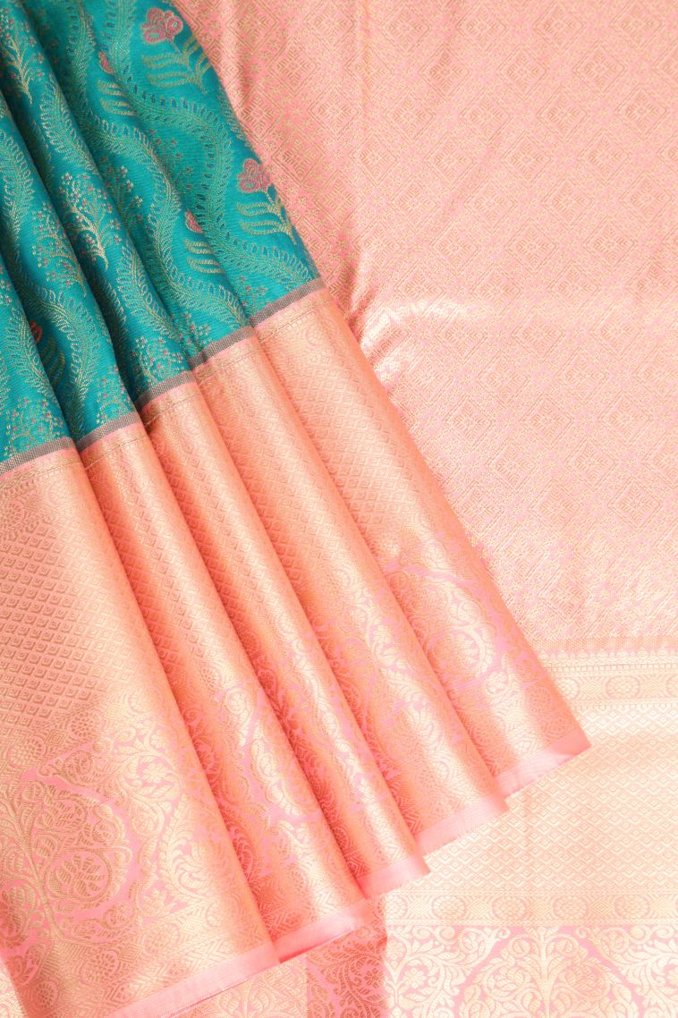 Teal Blue Apoorva Silk Sarees with Gold Zari Floral Patterns view 1