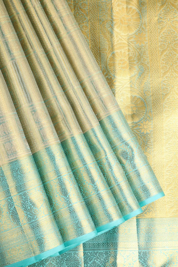 Pistachio Green Kanchipuram Silk Sarees with Gold Zari Floral Patterns view 1