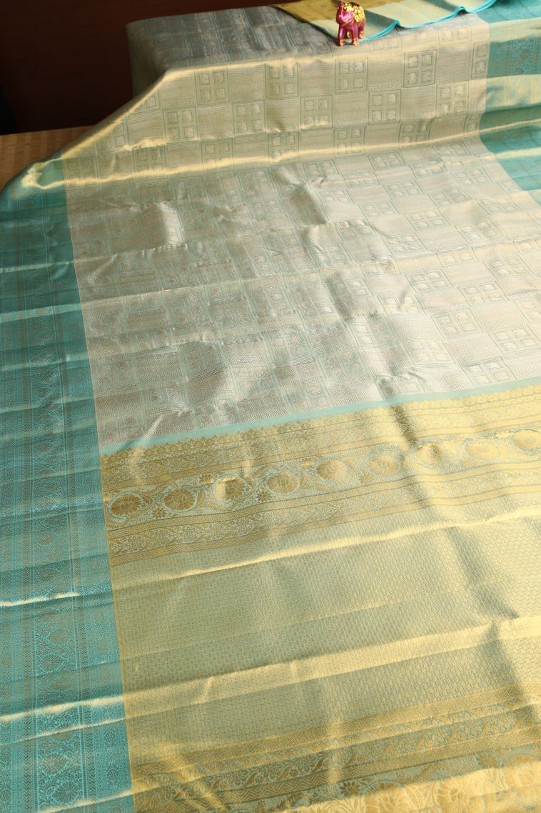 Pistachio Green Kanchipuram Silk Sarees with Gold Zari Floral Patterns view 2