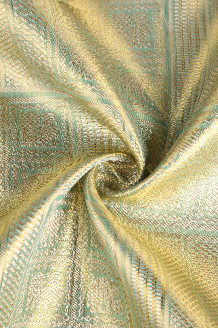 Pistachio Green Kanchipuram Silk Sarees with Gold Zari Floral Patterns view 4
