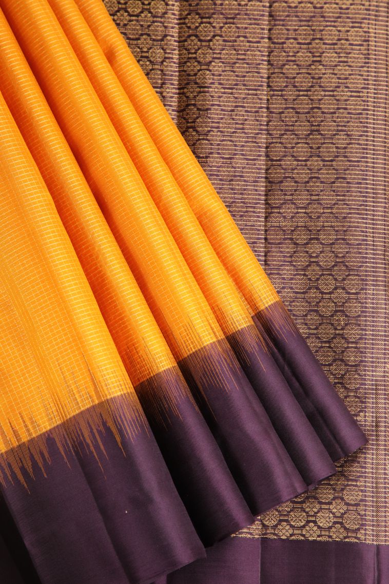 Merigold Orange Soft Silk Saree with Gold Zari Vaira Oosi Jari Checked view 1