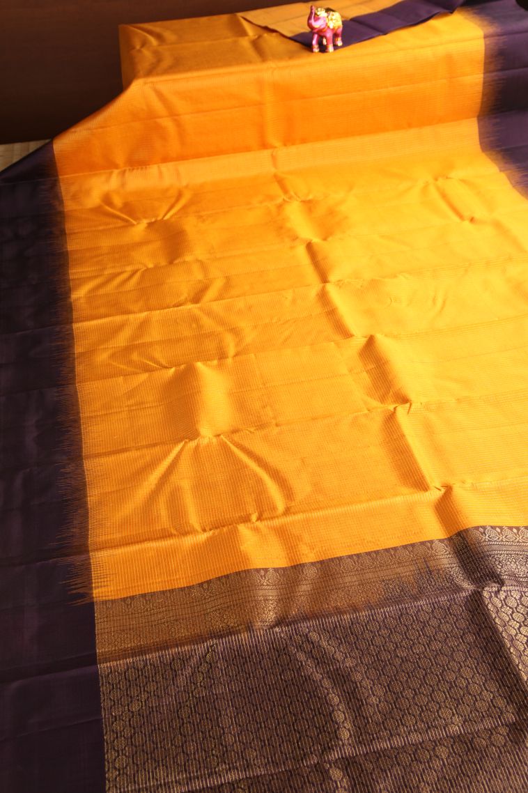 Merigold Orange Soft Silk Saree with Gold Zari Vaira Oosi Jari Checked view 2