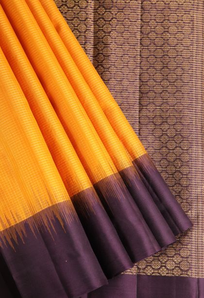 Merigold Orange Soft Silk Saree with Gold Zari Vaira Oosi Jari Checked