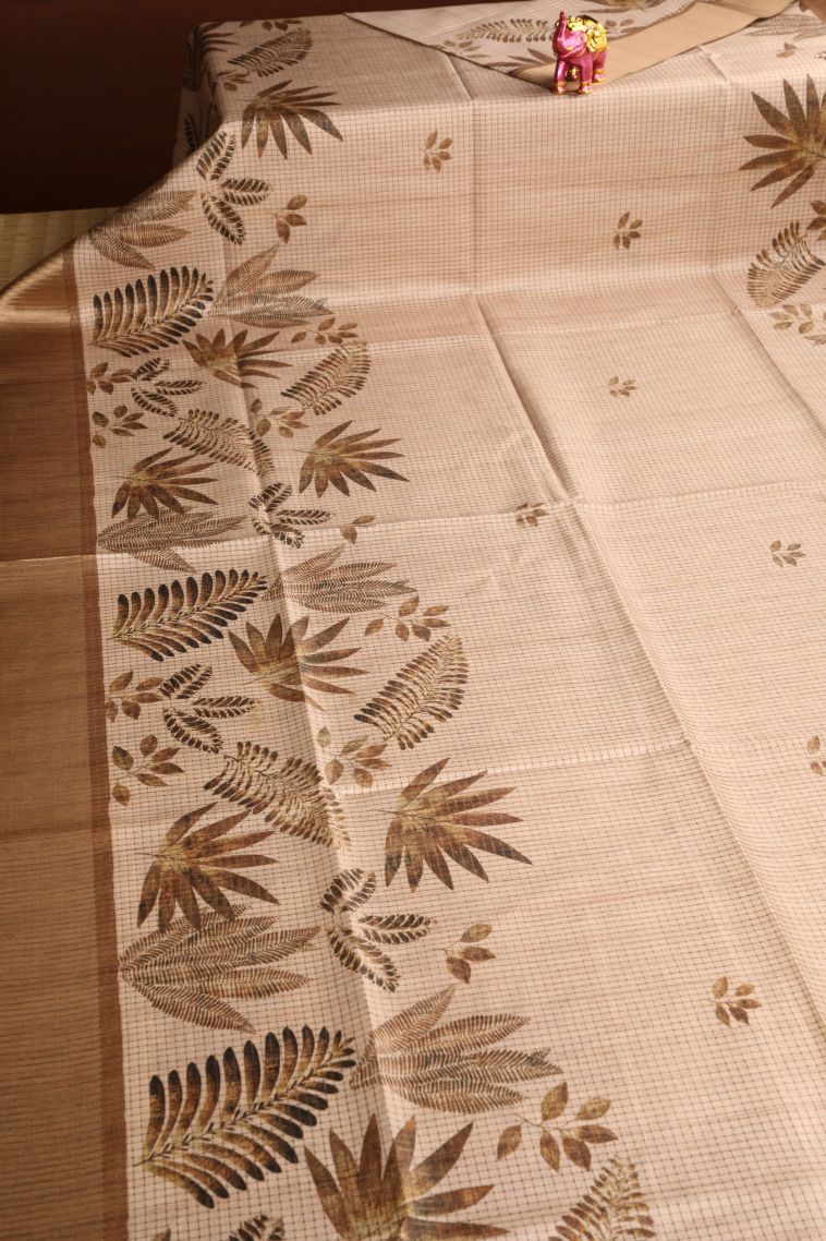 Vanilla Custard Yellow Semi Tussar Silk with Gold Zari Leaf Pattern view 2