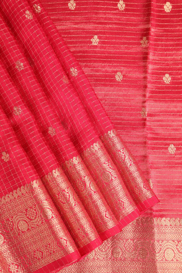 Rose  Red Banaras Sarees with Gold Zari Checks And Puttas view 1