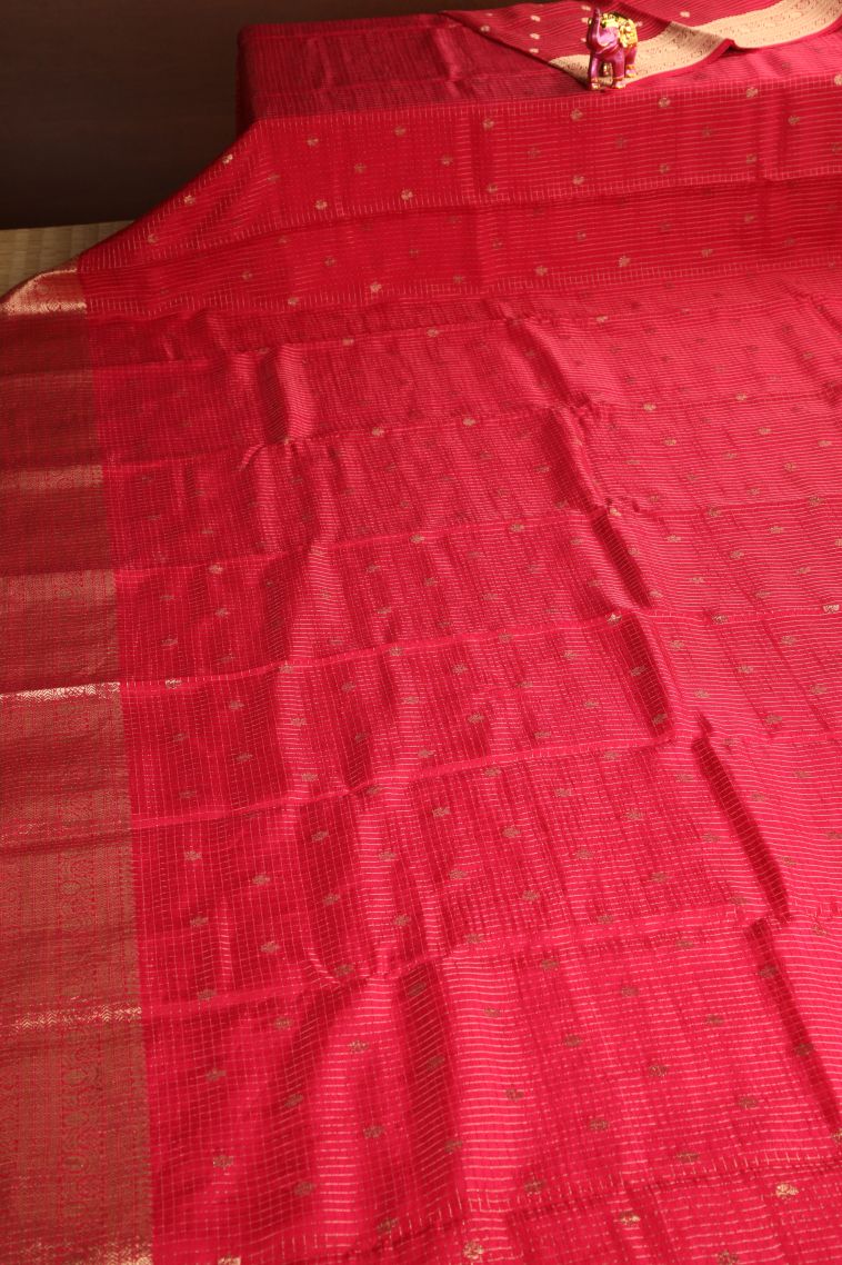 Rose  Red Banaras Sarees with Gold Zari Checks And Puttas view 2