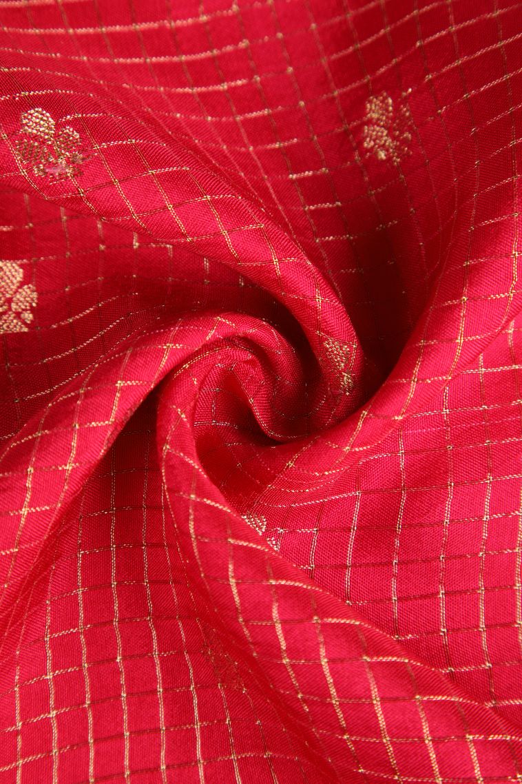 Rose  Red Banaras Sarees with Gold Zari Checks And Puttas view 4