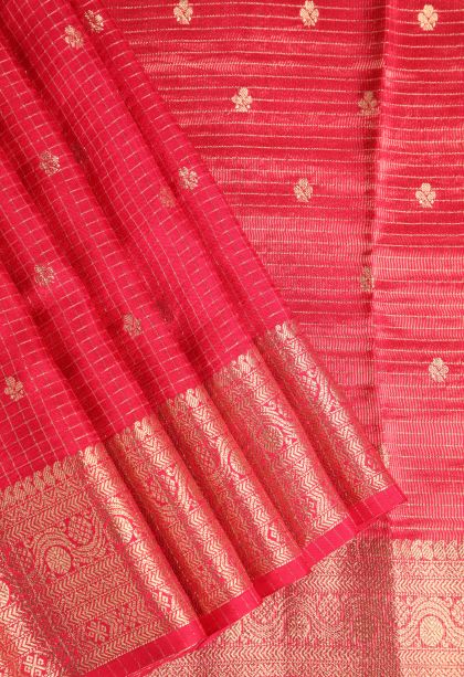 Rose  Red Banaras Sarees with Gold Zari Checks And Puttas