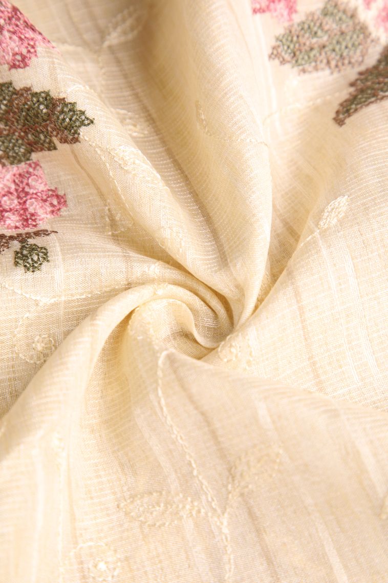 Cream White Semi Tussar Silk with Gold Zari Floral Patterns view 4