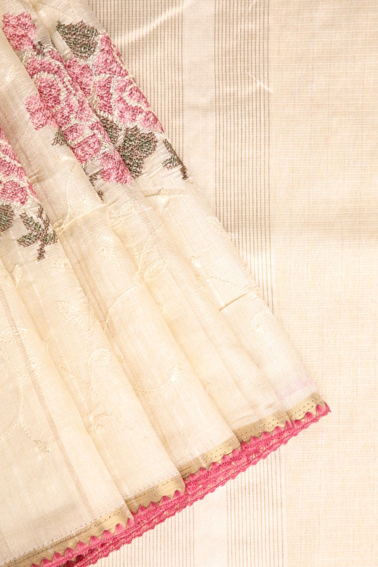 Cream White Semi Tussar Silk with Gold Zari Floral Patterns view 1