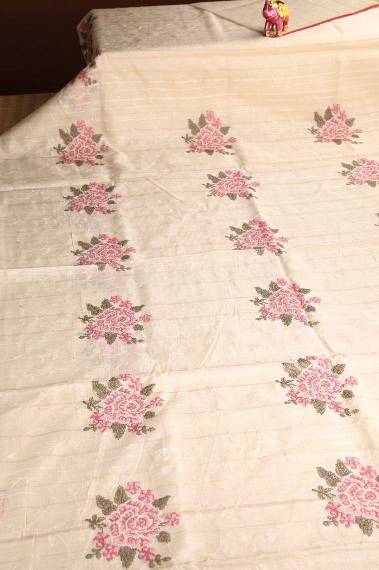 Cream White Semi Tussar Silk with Gold Zari Floral Patterns view 2