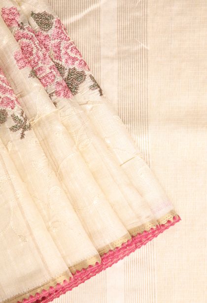 Cream White Semi Tussar Silk with Gold Zari Floral Patterns