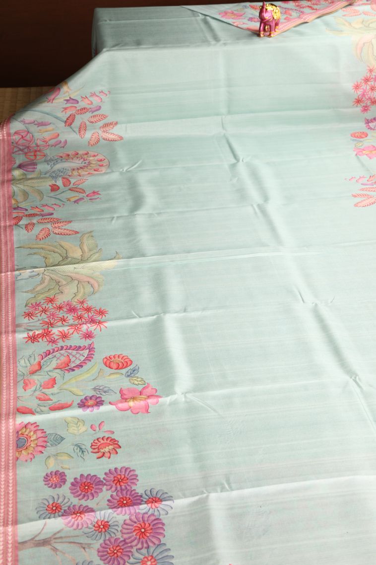 Pistachio Green Semi Tussar Silk with Without Zari Zari Floral Patterns view 2