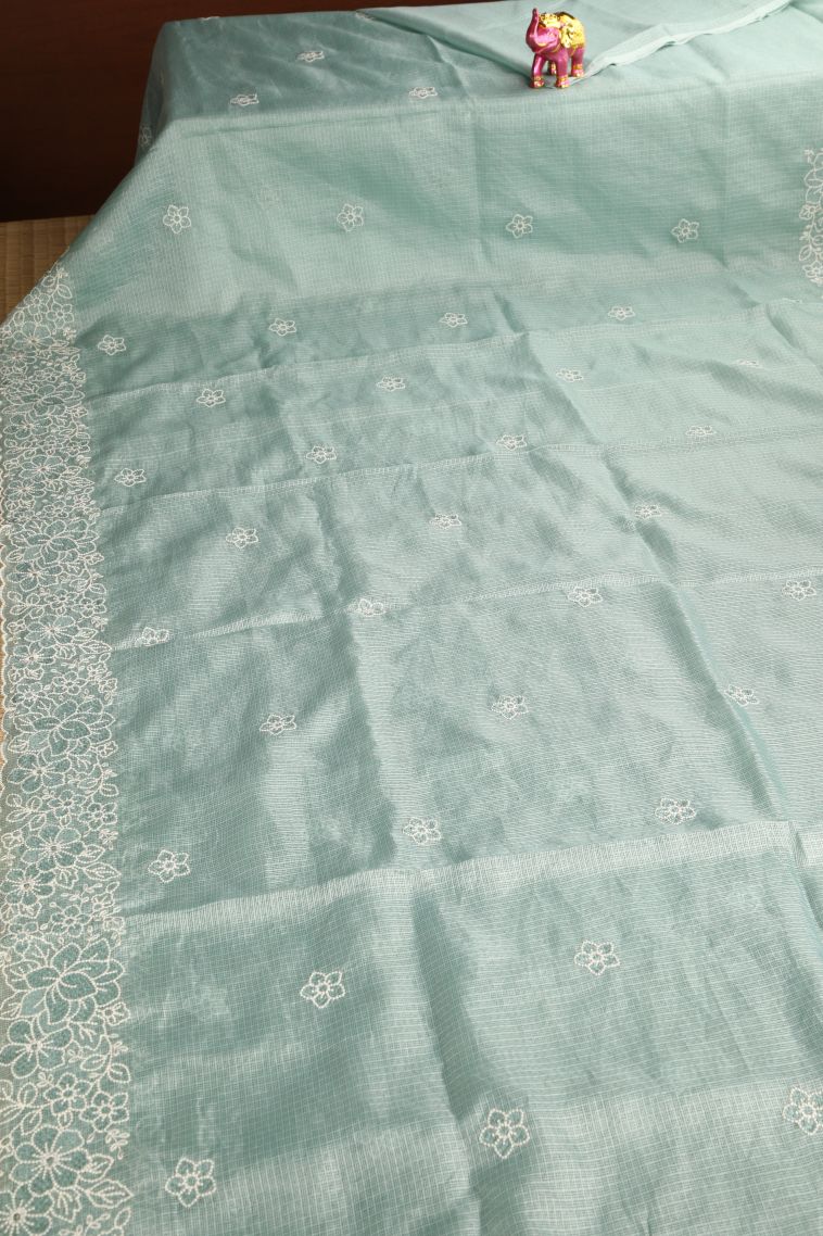 Pistachio Green Manipuri Cotton Sarees with Without Zari Zari Floral Puttas view 2