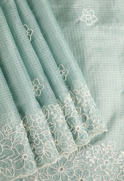 Pistachio Green Manipuri Cotton Sarees with Without Zari Zari Floral Puttas