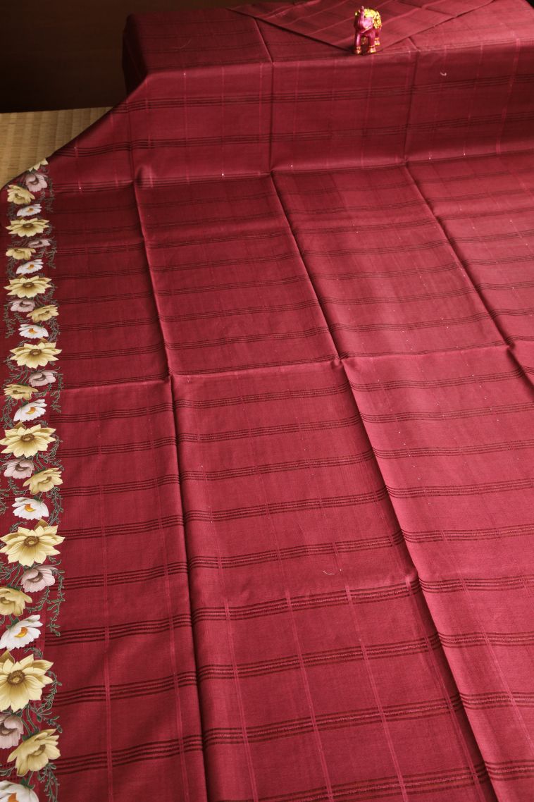 Apple Red Linen Saree with Without Zari Zari Stripes view 2