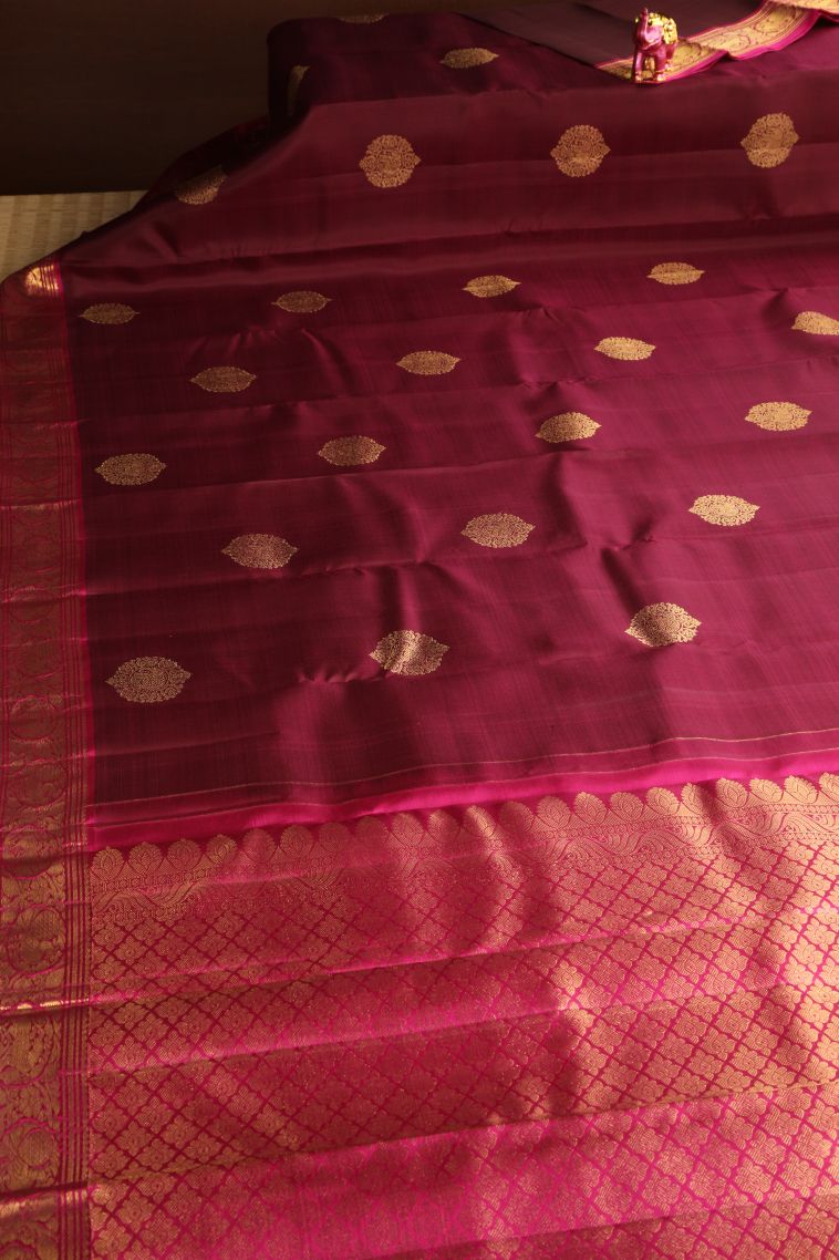 Lipstick Red Kanchipuram Silk Sarees with Gold Zari Eliphant Mottif view 2