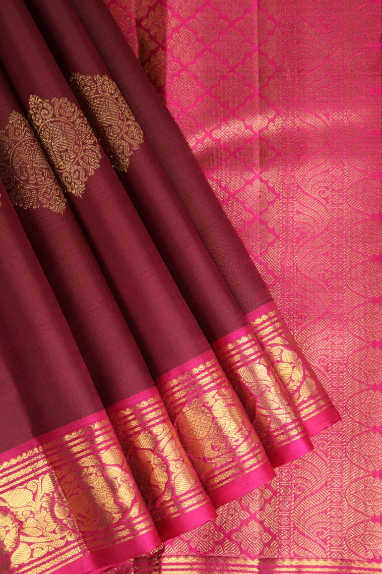 Lipstick Red Kanchipuram Silk Sarees with Gold Zari Eliphant Mottif view 1