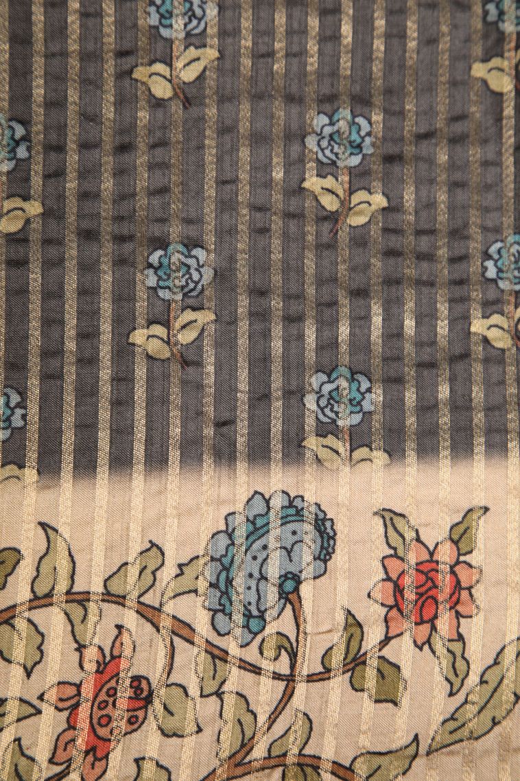 Davy Black Semi Raw Silk Printed Gold Zari with Zari Puttas view 3