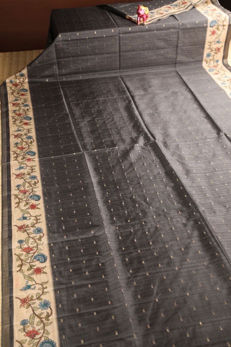 Davy Black Semi Raw Silk Printed Gold Zari with Zari Puttas view 2