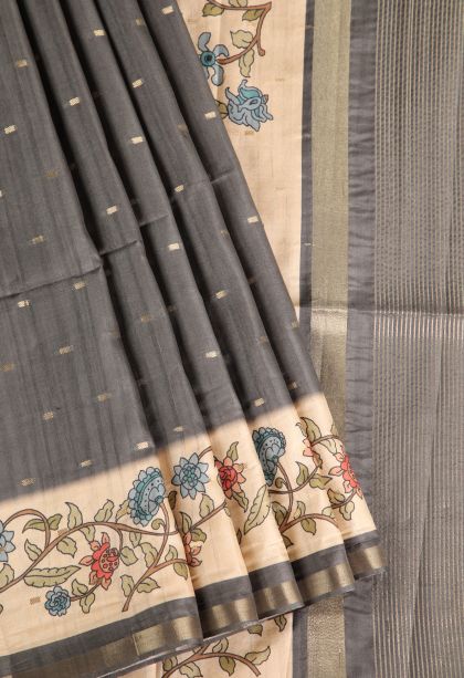 Davy Black Semi Raw Silk Printed Gold Zari with Zari Puttas