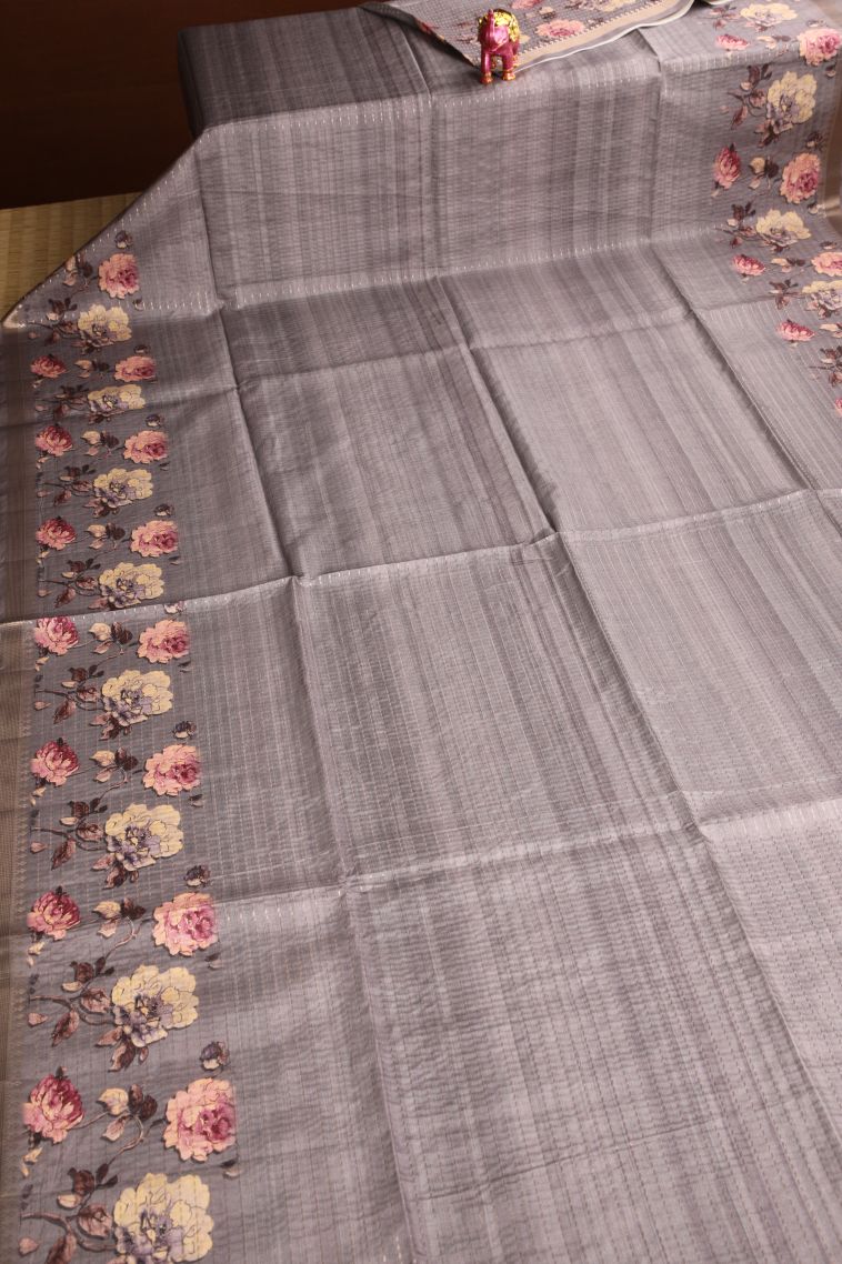 Gray Black Semi Tussar Silk Gold Zari with Zari Puttas view 2