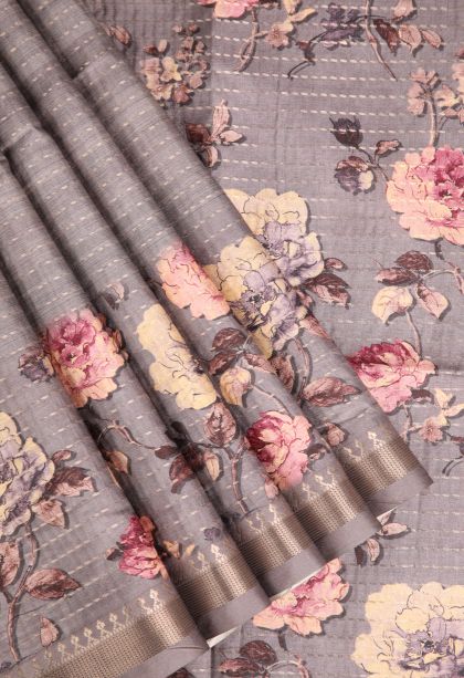 Gray Black Semi Tussar Silk Gold Zari with Zari Puttas